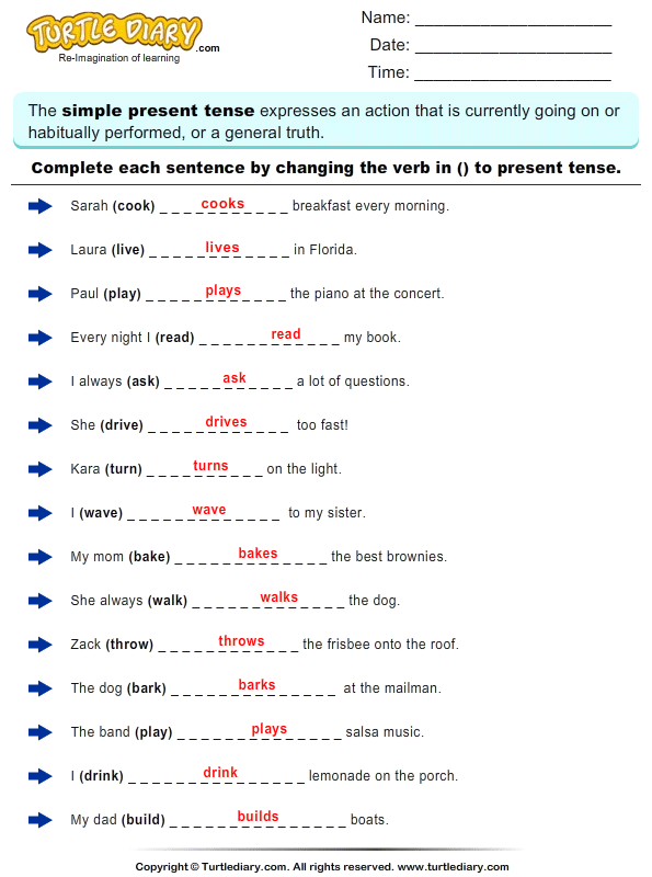 Worksheet On Simple Tenses For Grade 4