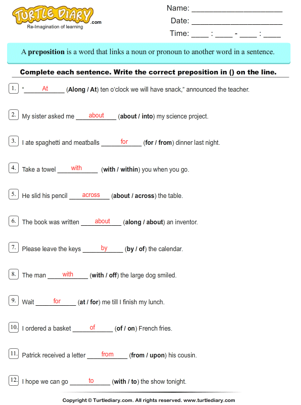 Prepositional Phrase Worksheet With Answers