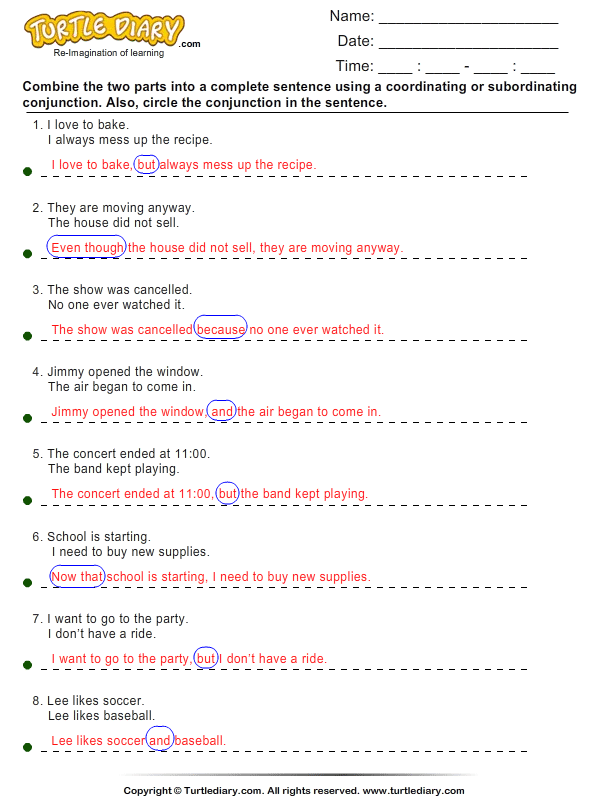 Combine The Sentences Using Conjunctions Worksheet Turtle Diary 