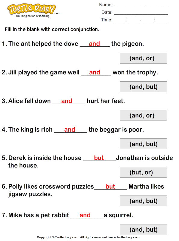 Fill in the Blanks using Conjunctions But or And Worksheet - Turtle Diary