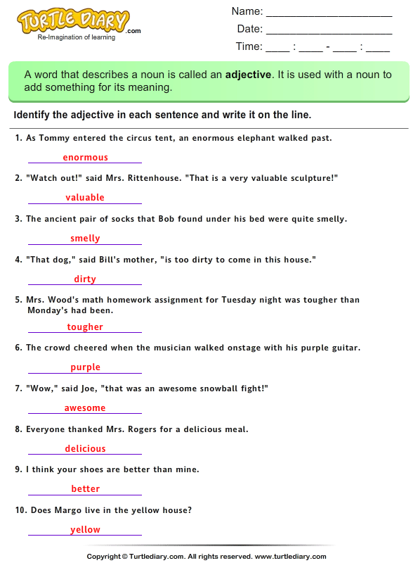 Identify Adjectives in a Sentence Worksheet - Turtle Diary