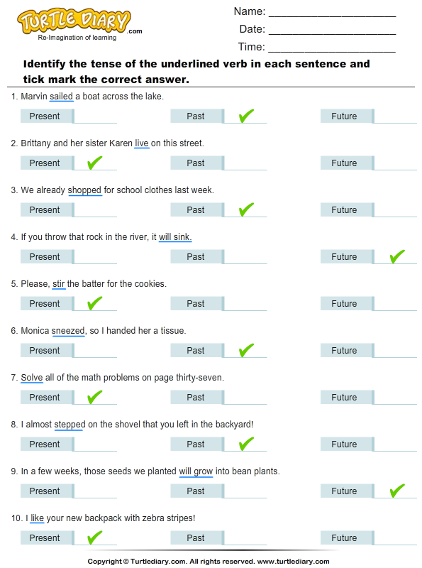 Identifying Verb Tense Worksheets