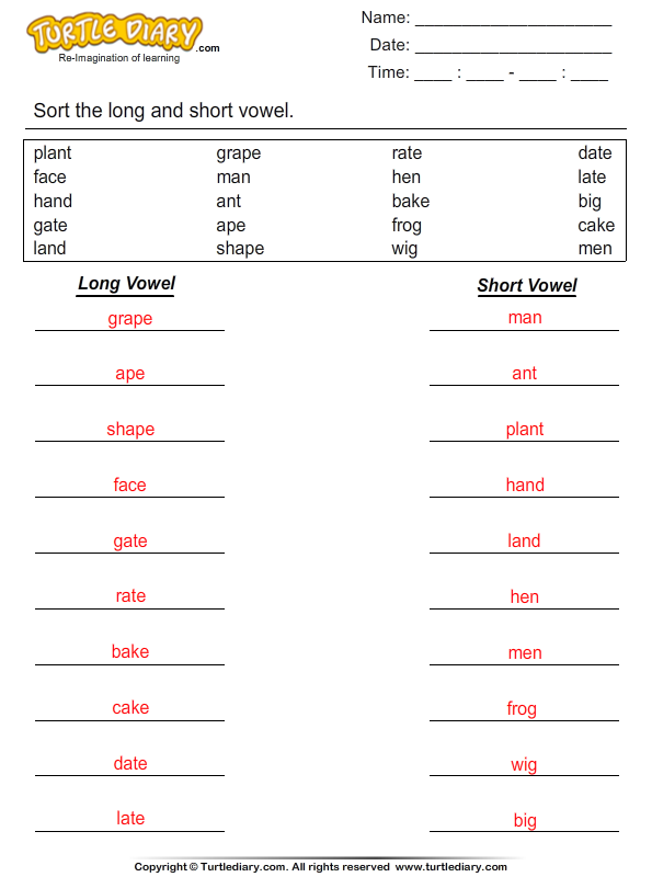 Sort the Long and Short Vowels Worksheet - Turtle Diary