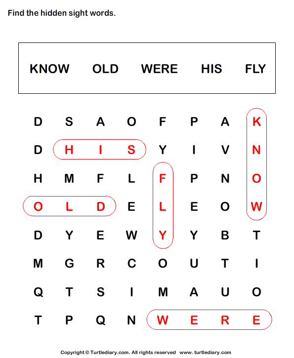 Sight Word Crossword Know Old Were His Fly Worksheet - Turtle Diary