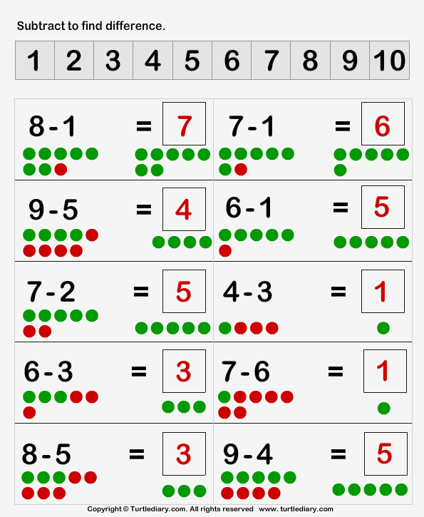 Subtraction Of Single Digit Numbers With Dots Worksheet Turtle Diary