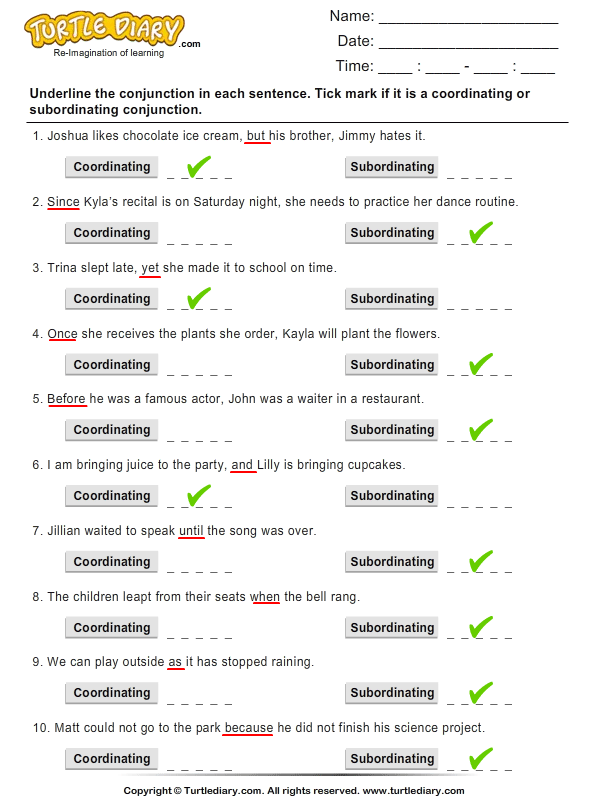 Identify Conjunctions as Coordinating or Subordinating Worksheet