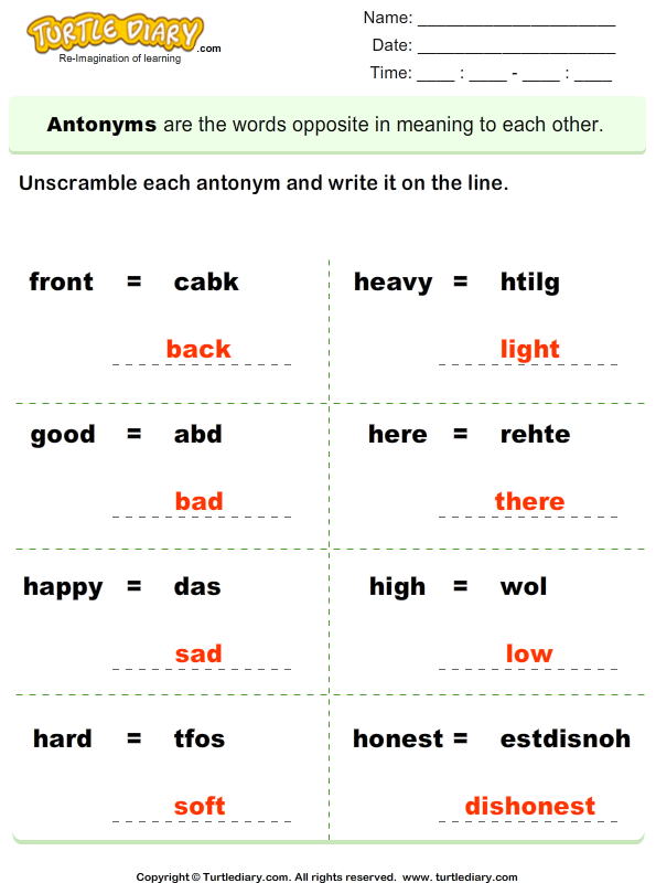 Unscramble Antonyms Worksheet - Turtle Diary