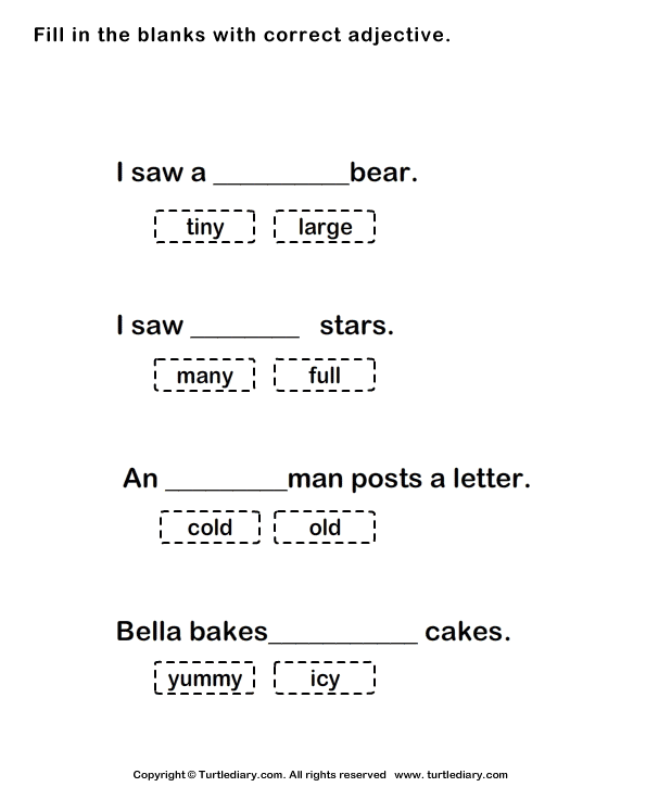 adjectives  TurtleDiary.com in worksheets word the sight Fill blanks cloze  with