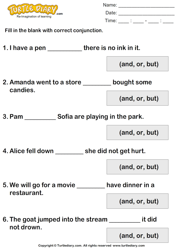 Fill In The Blank Conjunction Worksheets