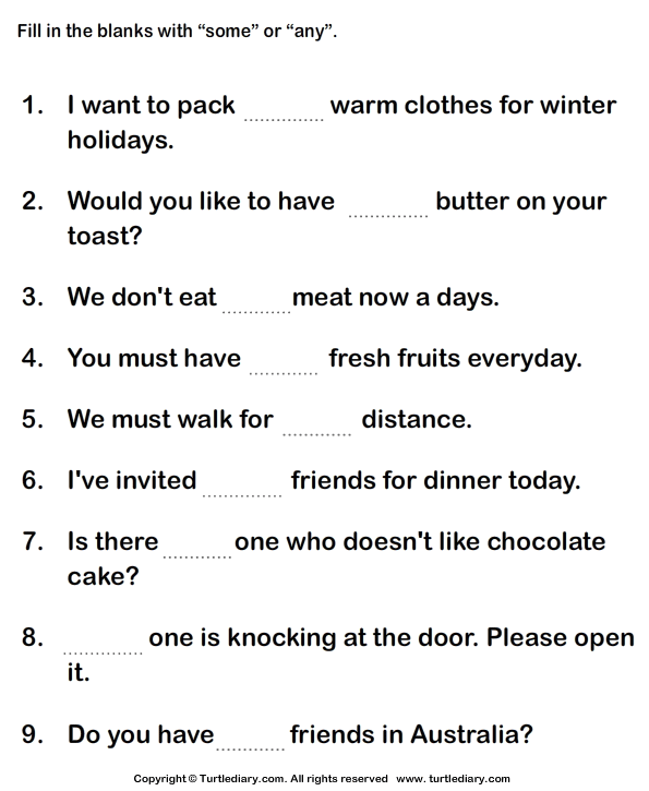 Fill In The Blanks With Some Or Any 3 Worksheet - TurtleDiary.com