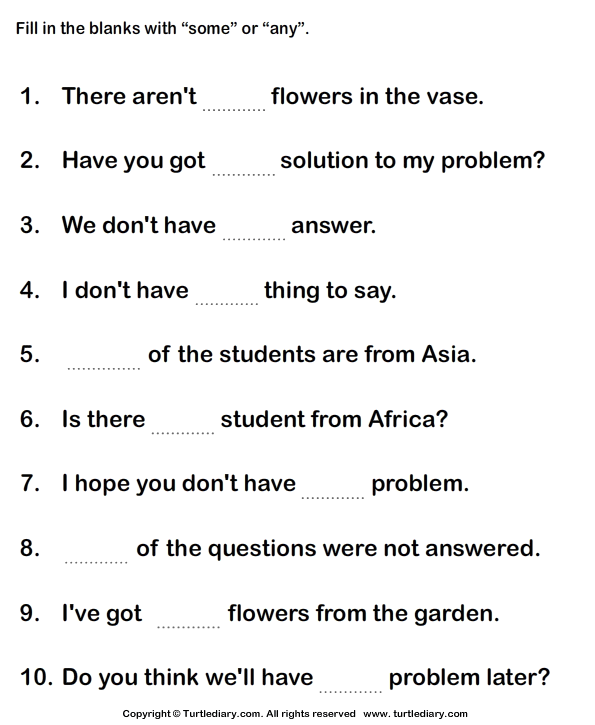 Fill in the blanks with 'some' or 'any' - TurtleDiary.com