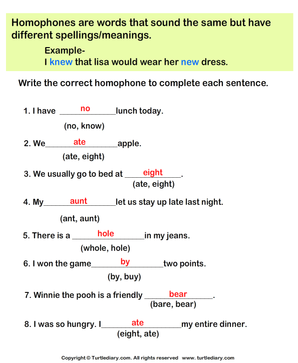 Complete the sentences with correct homophone - TurtleDiary.com