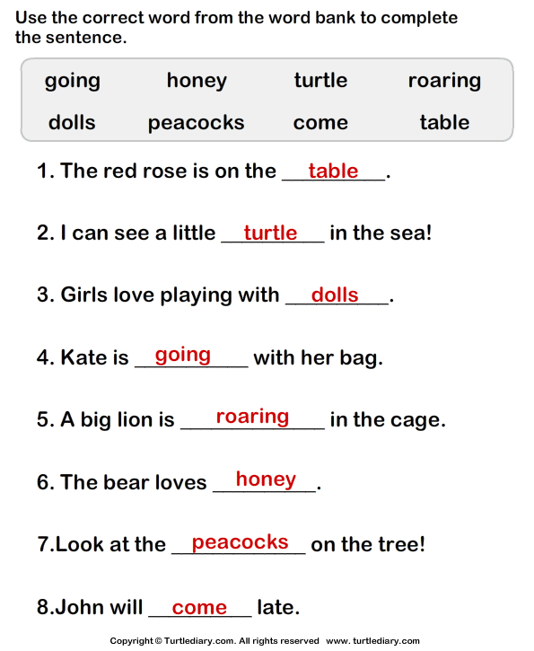 Use words to complete the sentences Worksheet Turtle Diary