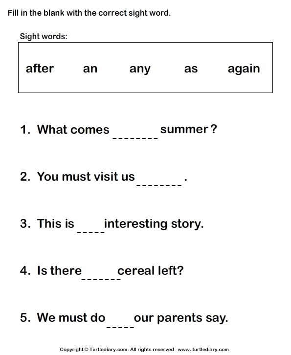 Fill In The Blanks Using Sight Words TurtleDiary