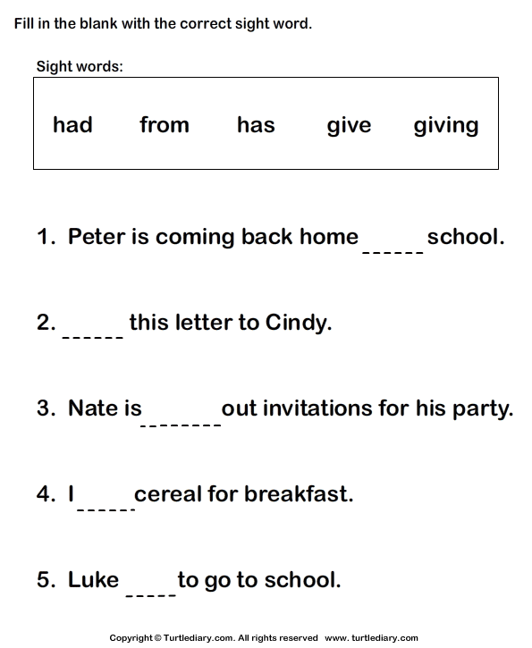 The 3 Worksheet Blanks Using fill blank Words sight Sight  worksheets TurtleDiary.com  word In Fill