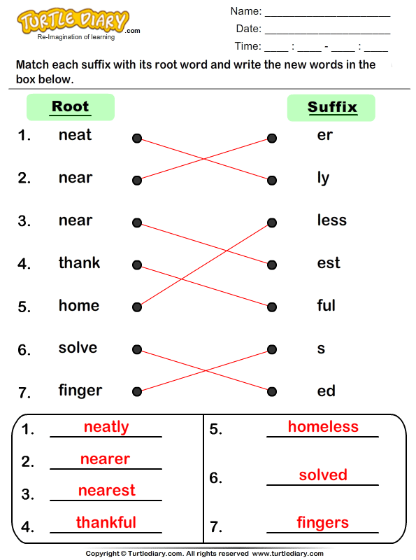 Suffixes Worksheets - Match Suffixes To Root Words 2 | Turtle Diary