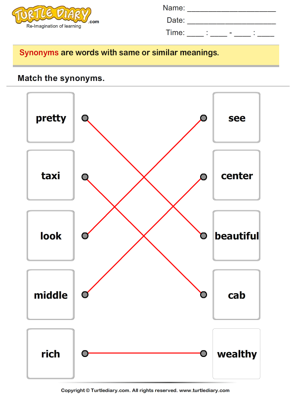 Match The Synonyms 3 Worksheet - TurtleDiary.com