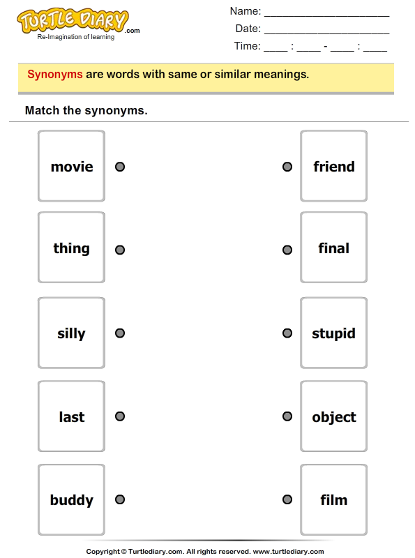 Match the synonyms - TurtleDiary.com