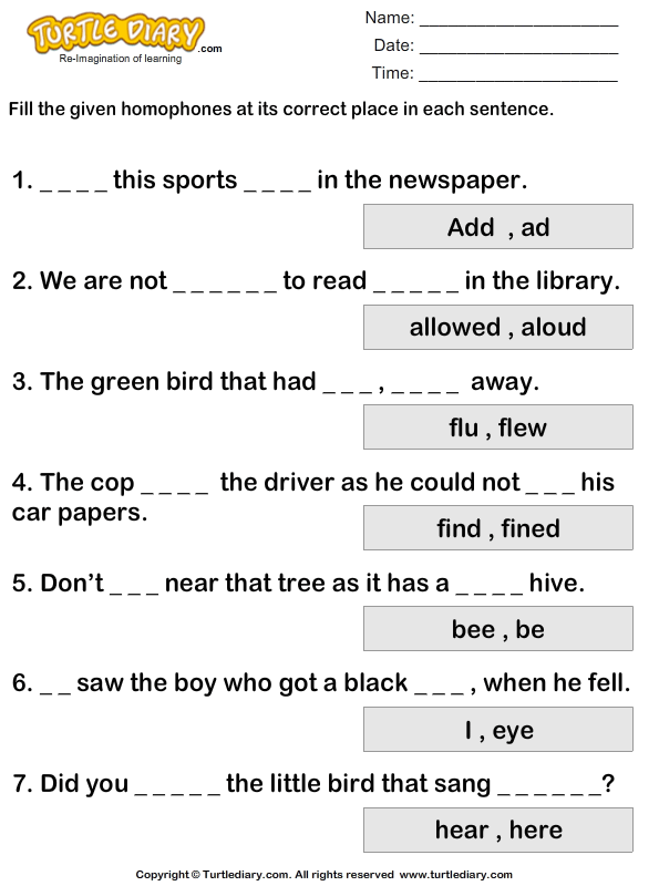 Fill In The Blanks With A Homophone 1 Worksheet - TurtleDiary.com