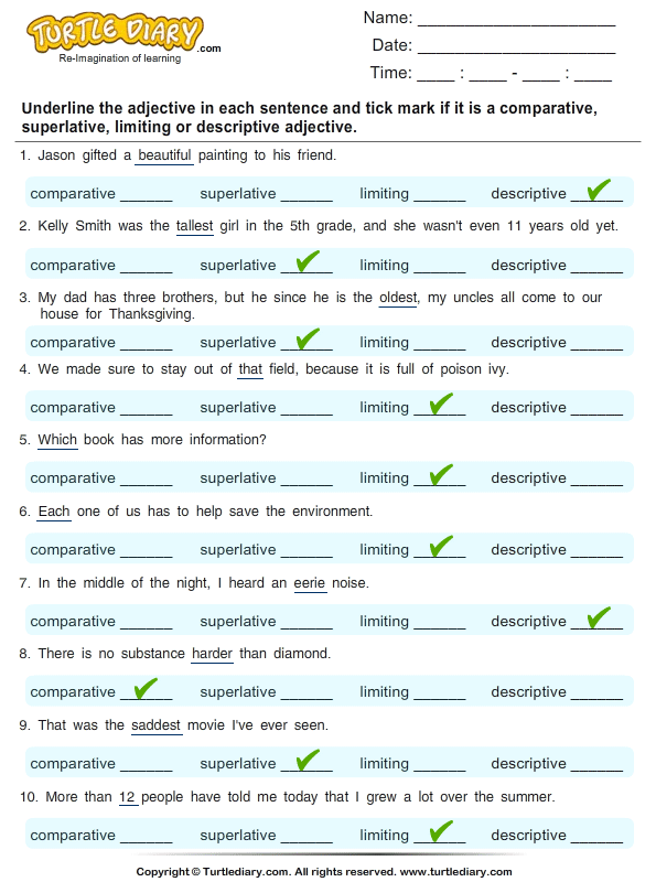 Identify Adjectives As Comparative Superlative Limiting Or Descriptive