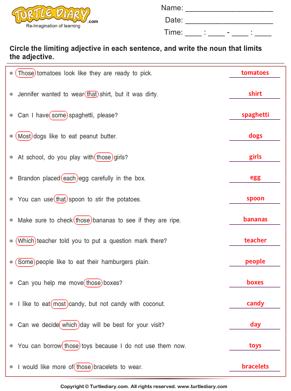 Limiting Adjectives Worksheet Th Grade