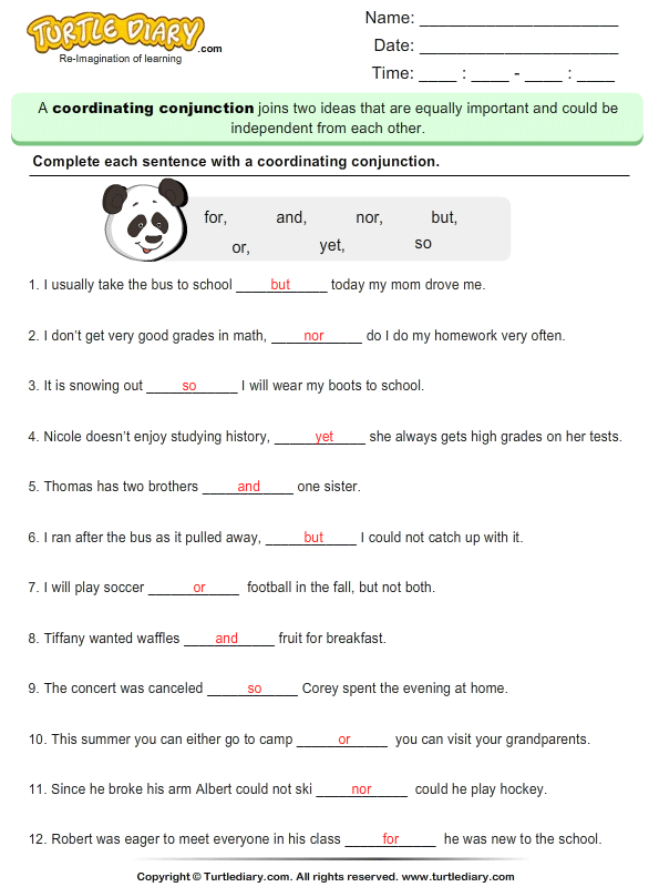 Complete The Sentence Using A Coordinating Conjunction Worksheet 1