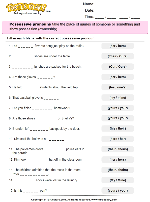 Fill In The Blanks With A Possessive Pronoun Worksheet 2 ...