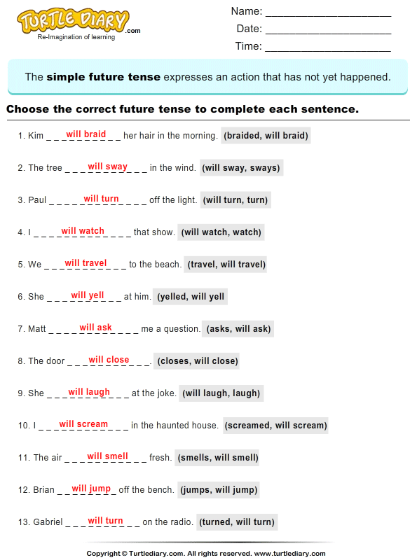 Future Tense Worksheets With Answers