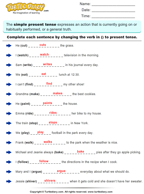 Present Progressive Tense Worksheets For Grade 4