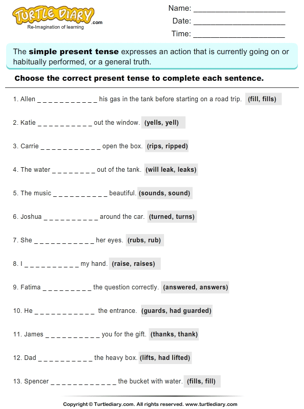 Simple Present Tense Verbs Worksheets Pdf