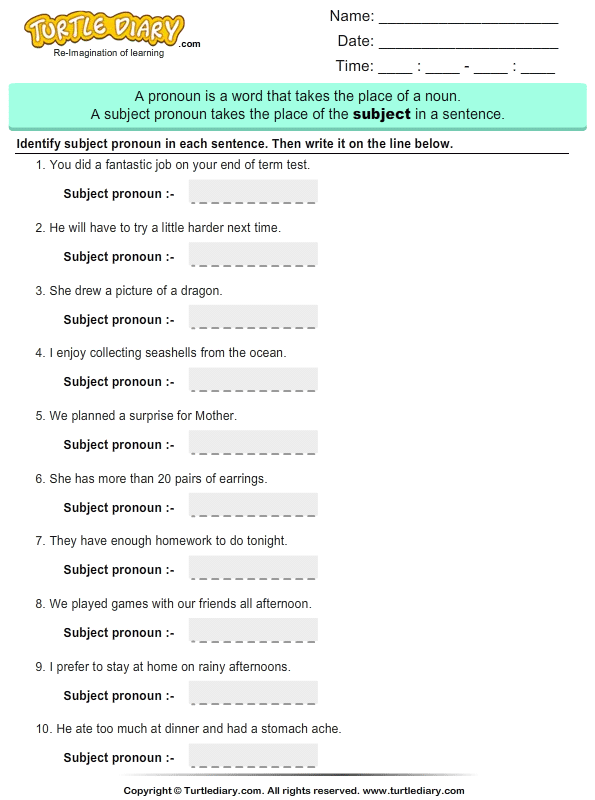 Identify subject pronouns - TurtleDiary.com