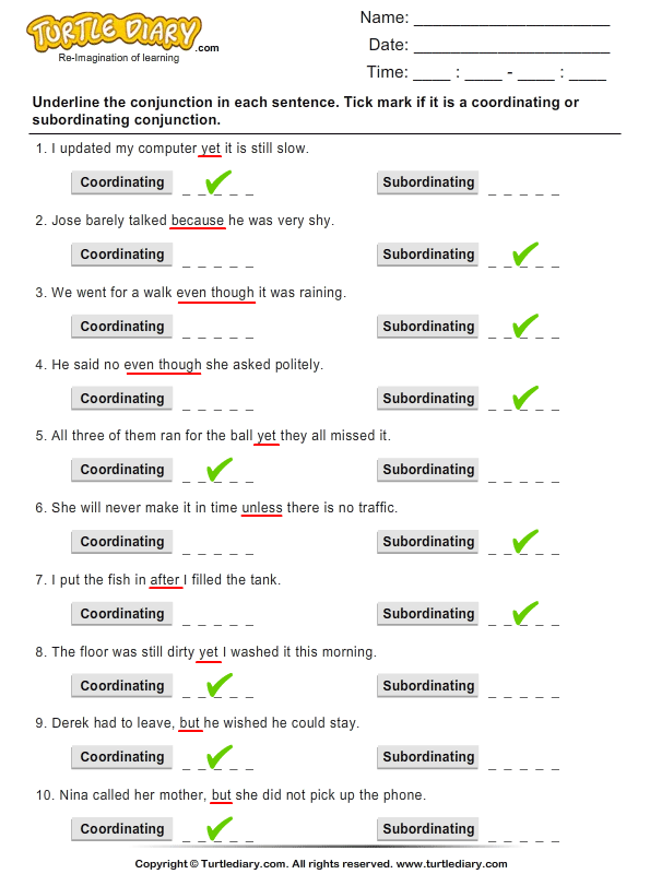 Subordinating Conjunctions Worksheets Grade 4