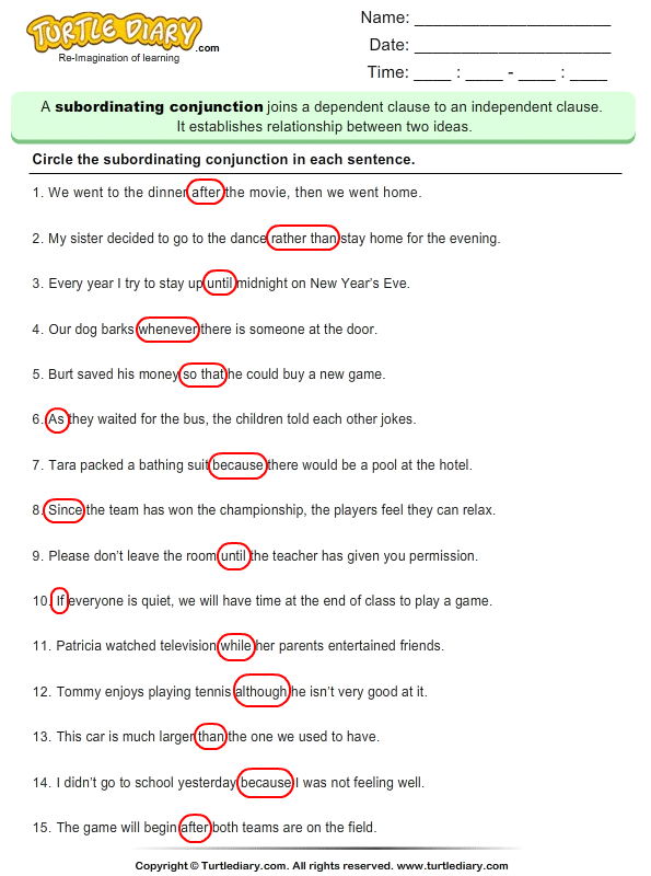 Identify Subordinating Conjunction Worksheet 1 Turtle Diary