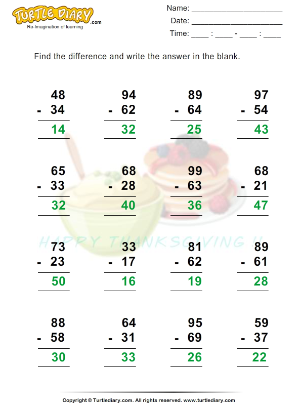 Thanksgiving Subtractions Worksheet 4 - Turtle Diary