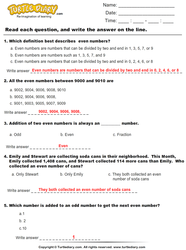 Even Numbers Multiple Choice Questions 2 Worksheet - TurtleDiary.com