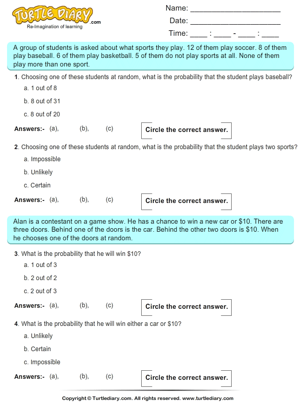  Probability Multiple choice Questions TurtleDiary