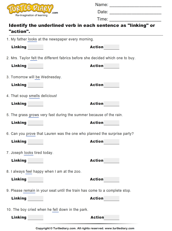 Linking Vs Action Verbs Worksheet