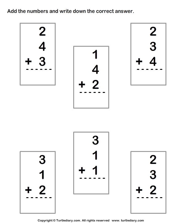 Adding 3 One Digit Numbers Worksheets