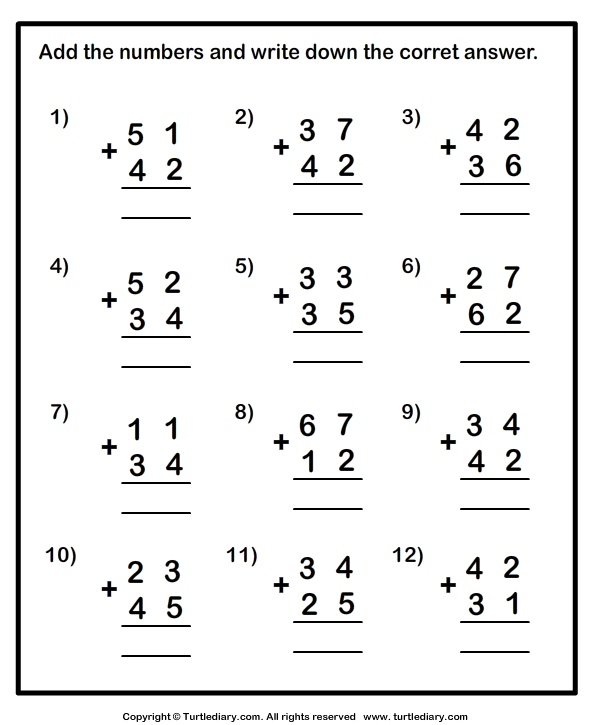 Addition Of Double Digit Numbers Worksheet