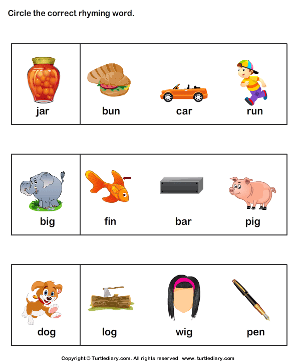 Circle One Picture In Each Row That Rhymes With The First One Worksheet Turtle Diary