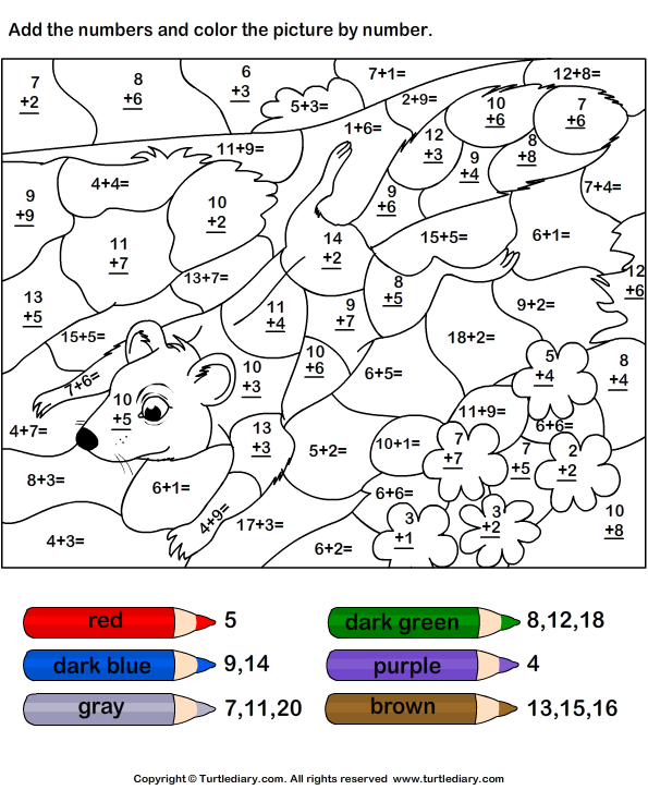 Color by Number Addition with Numbers up to Twenty Worksheet Turtle Diary