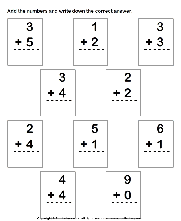 Column Addition with Numbers up to Ten Worksheet - Turtle ...