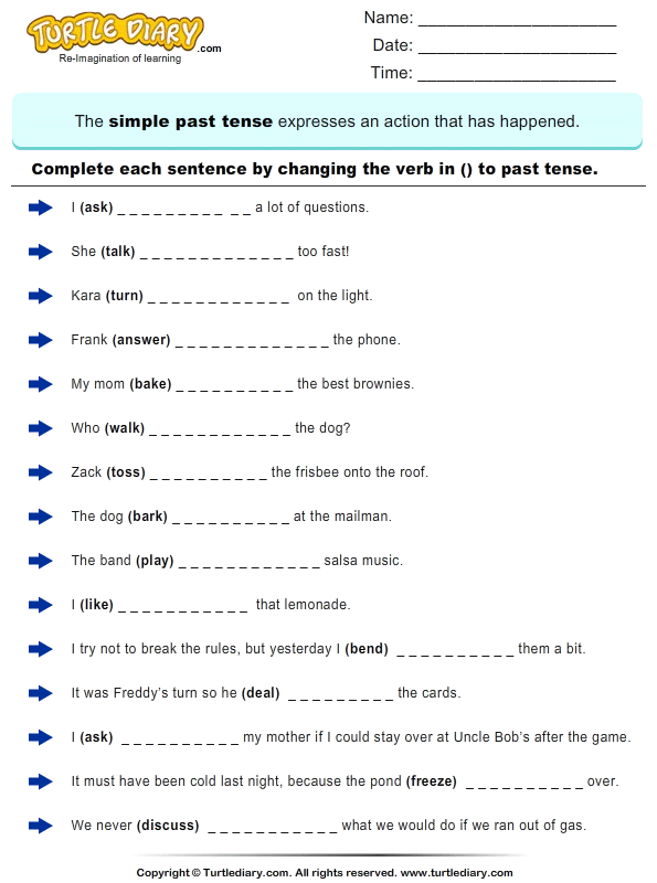 complete sentences by writing past tense form of verb