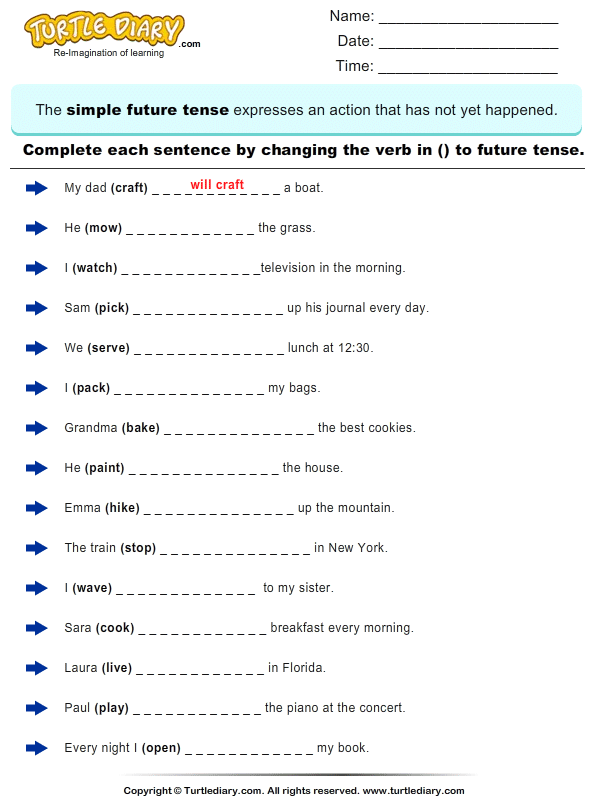 Future Tense Worksheet Class 3