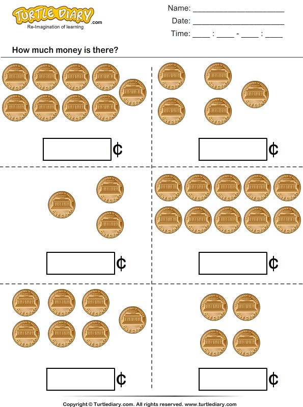 Counting Pennies up to Ten Cents Worksheet - Turtle Diary