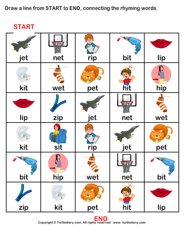 draw line from start to end connecting rhyming words et