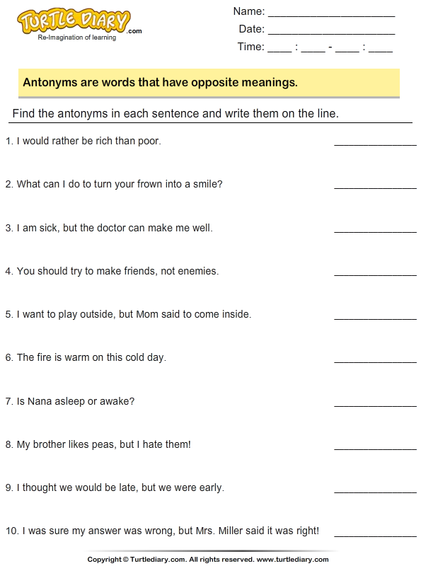 Find Antonyms in a Sentence Worksheet - Turtle Diary