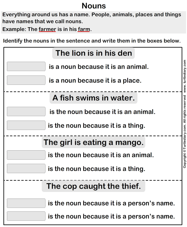 Finding Nouns in the Sentences Worksheet - Turtle Diary