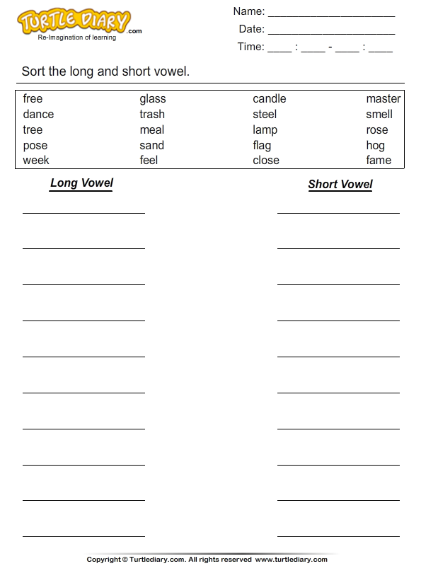 Sort the Long and Short Vowels Worksheet Turtle Diary