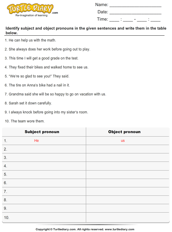 Identify Subject and Object Pronoun in a Sentence Worksheet - Turtle Diary